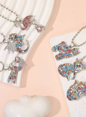 亚马逊新品水晶镶钻动物项链火烈鸟狐狸翠鸟彩色儿童卡通闺蜜吊坠