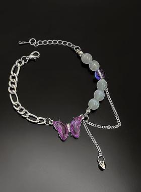 韩版时尚潮款手作手作紫色蝴蝶珍珠链条手链唯美小清新个性手环女