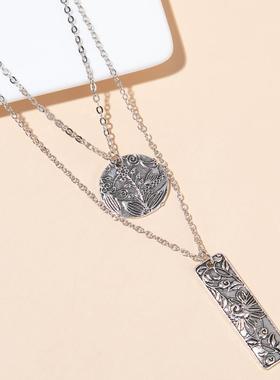 wish跨境欧美新款时尚嘻哈潮牌圆形印花双层项链冷淡潮流风饰品
