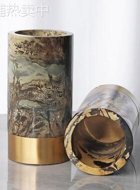 轻奢储物罐石材高档北欧金属雨花石家居样板房客厅酒店无盖收纳罐