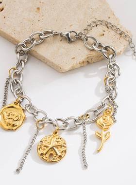 跨境新款水果樱桃花朵海星配件吊坠头箍手链不锈钢粗链条手饰手链