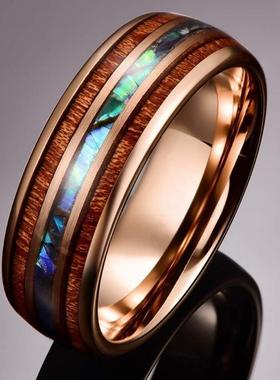 跨境欧美时尚不锈钢个性情侣贝壳戒指三槽木纹间贝壳