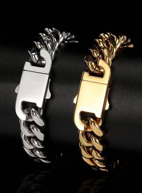 欧美跨境嘻哈不锈钢古巴手链弹簧扣圆磨加密钛钢男士手链饰品