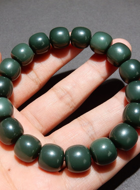 新疆和田玉沙枣青籽料手串12mm老型珠 天然玉石手链 男女款带证书