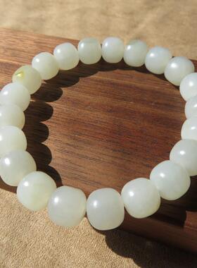 新疆和田玉挂金皮白玉籽料9mm老型珠手串手链 带证书