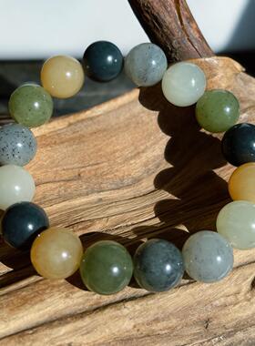 新疆和田玉楼兰三色手串 12mm 圆珠天然玉石手链男女文玩饰品