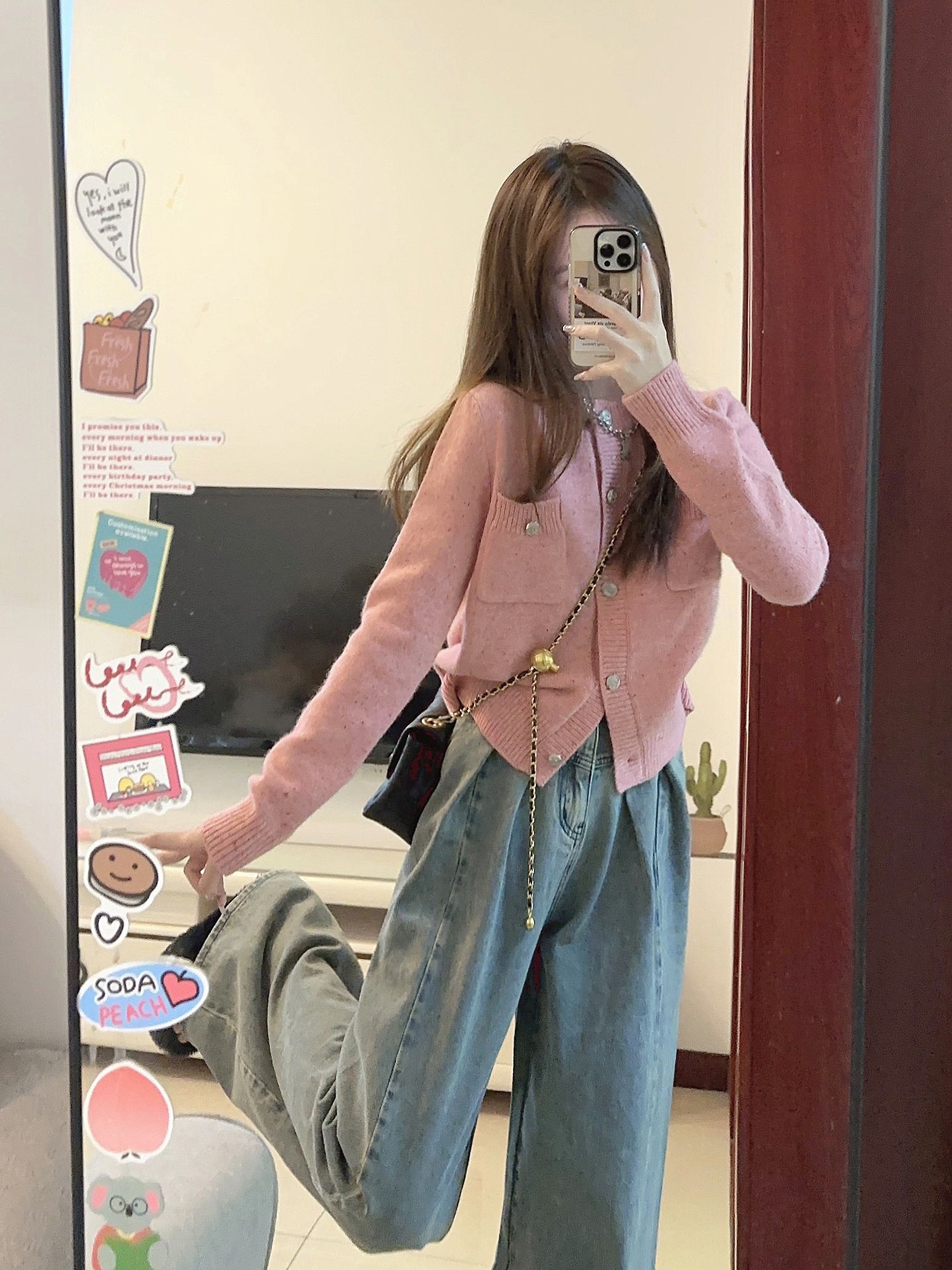 秋季茶系穿搭一整套小个子微胖显瘦软糯毛衣休闲牛仔裤两件套装女 - 图0