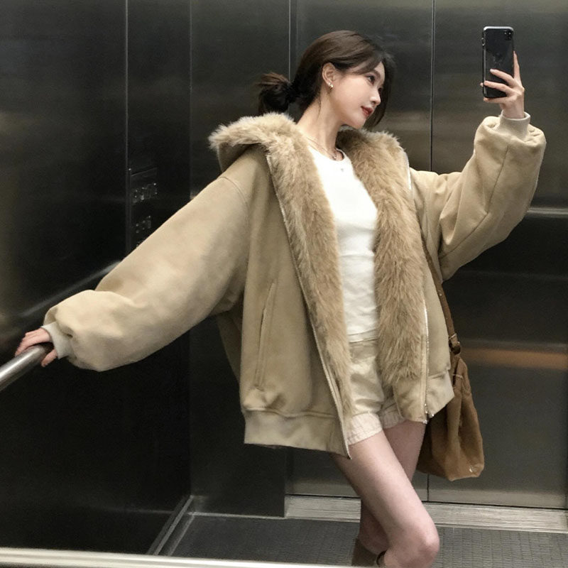 两面穿保暖羊羔毛外套女冬装高级感美式复古皮毛一体连帽毛毛棉服,淘宝优惠券,粉丝福利购,淘宝优惠卷