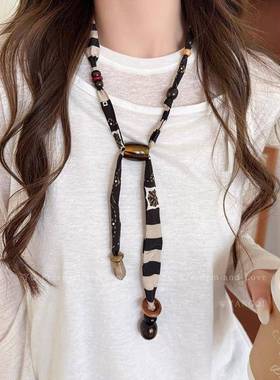 时髦布艺趣味拼接可调节项链女款小众设计个性毛衣链多层缠绕配饰