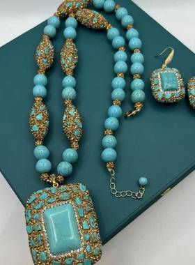 设计师款手作镶嵌绿松石项链毛衣链开口戒指耳钩耳环手镯四件套装