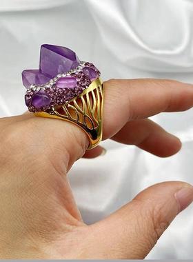 天然乌拉硅紫色矿石水晶开口手工镶嵌食指戒指活口简约高贵戒指