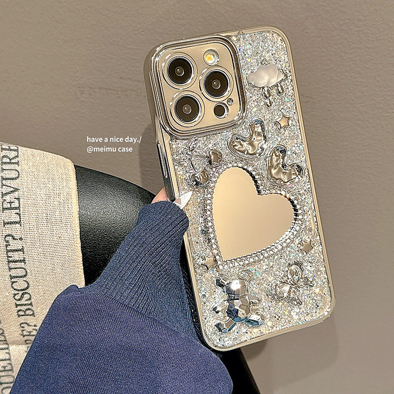奢华小熊爱心闪钻镜面适用iPhone17promax手机壳苹果15新款17pro气质15pm电镀滴胶13高级感14女12全包手机套,淘宝优惠券,粉丝福利购,淘宝优惠卷