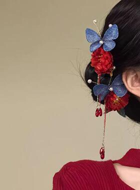 2025新款【步摇春红】新中式红色花朵发夹新娘备婚氛围感发卡子女