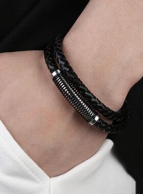 欧美流行简约款男士弹簧丝手环两圈绕线皮手链钛钢时尚精品