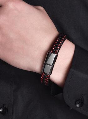 跨境新款手饰钛钢黑色编织皮手镯欧美时尚精品男女款手环多色