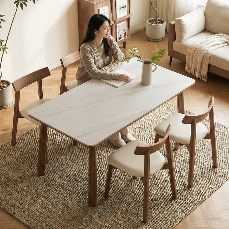 中古胡桃色实木餐桌小户型饭桌现代极简长方形哑光岩板餐桌子,淘宝优惠券,粉丝福利购,淘宝优惠卷