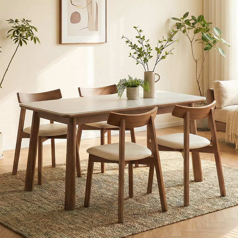 中古胡桃色实木餐桌小户型饭桌现代极简长方形哑光岩板餐桌子,淘宝优惠券,粉丝福利购,淘宝优惠卷