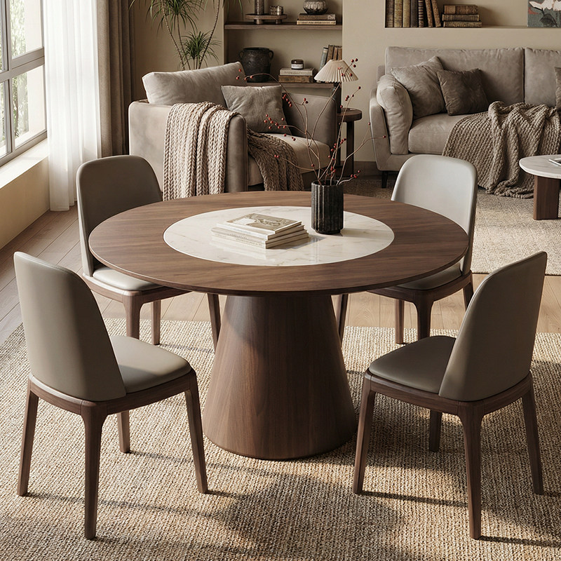 中古实木圆形餐桌黑胡桃色内嵌岩板转盘家用圆桌大户型白蜡木饭桌,淘宝优惠券,粉丝福利购,淘宝优惠卷