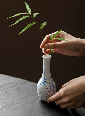 纯手绘青花竹影陶瓷插花瓶花插水培花器茶桌装饰家居中式小摆件