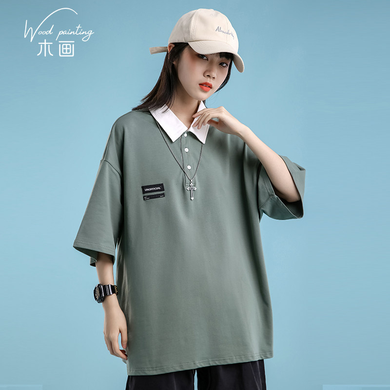 翻领短袖t恤女2020学生百搭上衣 木画T恤