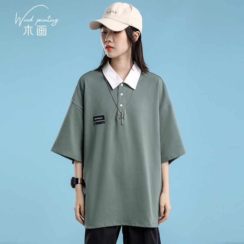 翻领短袖t恤女2020学生百搭上衣 木画T恤