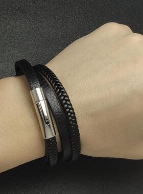 新款上市2022爆品欧美男女士简约编织皮手链高端不锈钢手饰