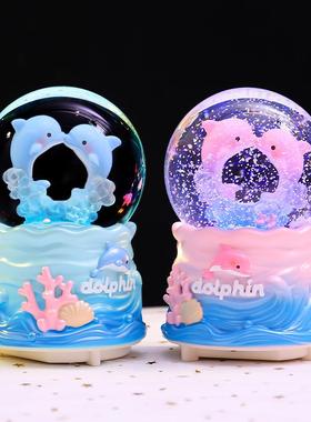 女生卡通心辰屿海水晶球发光飘雪音乐盒桌面摆件节日礼物厂家直销