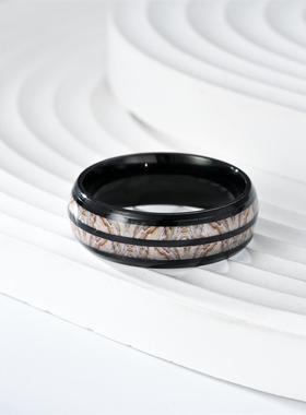 跨境爆款热卖不锈钢个性时尚镶嵌灰木纹戒指8mm球面黑色双槽灰木