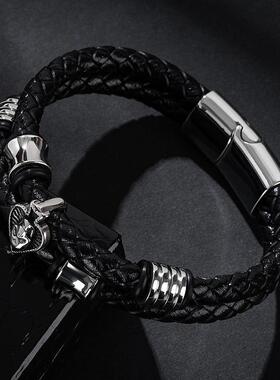 【新款上市】男士皮手链不锈钢扑克红桃K骷髅双绳高端皮手镯饰品