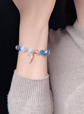 跨境鱼尾手链女小众设计款太阳石黄水晶绿萤石手串超闪度假风手饰
