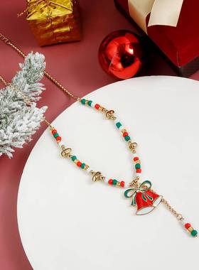 欧美跨境新款项链时尚个性圣诞老人铃铛丝带米珠编织项链女简约
