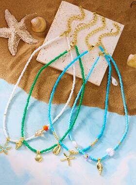 跨境新品简约海螺水晶贝壳米珠项链女多色百搭米珠串珠项链海洋风