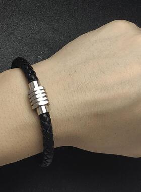 亚马逊爆款男女情侣款百搭编织高端皮手链不锈钢六角磁铁扣手饰