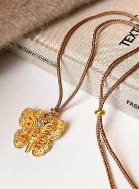 珐琅彩花丝蝴蝶沙金项链配饰女古法新中式长款吊坠毛衣链