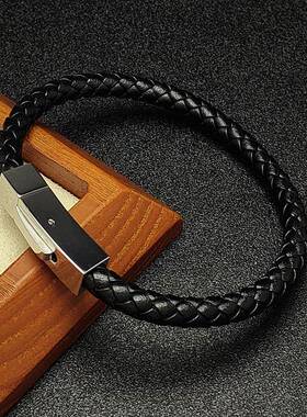 跨境爆款男女情侣款百搭编织高端皮手链不锈钢方形按扣手饰5色