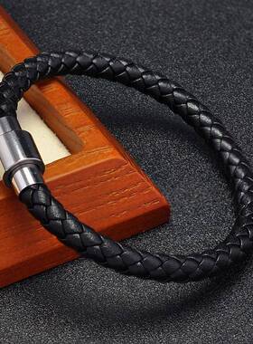 跨境爆款男女情侣款百搭编织高端皮手链不锈钢磁铁扣手饰5色