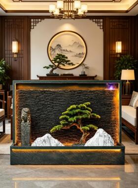 入户门玄关流水屏风新中式假山迎客松循环水幕墙客厅风水造景摆件