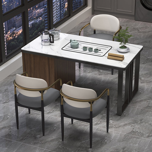 轻奢岩板茶桌现代简约家用实木茶几小户型客厅茶台办公泡茶一体桌 - 图2