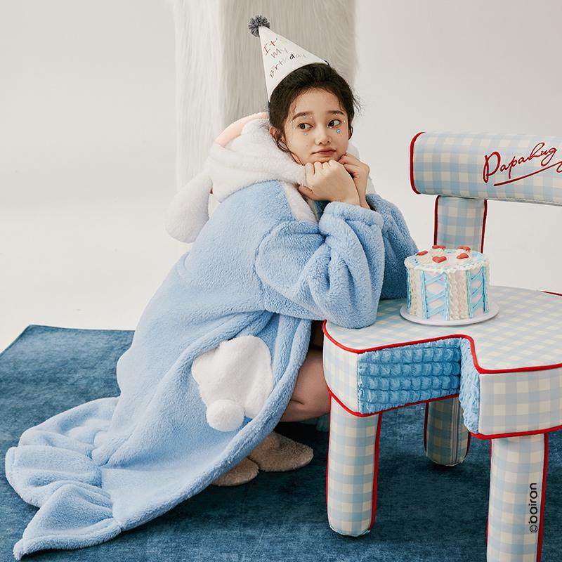 白冉绵羊睡袍女秋冬款珊瑚绒中长款连帽卡通家居服2025年新款浴袍,淘宝优惠券,粉丝福利购,淘宝优惠卷