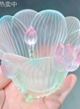 东魅莲花小水方多彩莲花杯桌面创意摆件琉璃室内瑜伽茶室莲花禅意