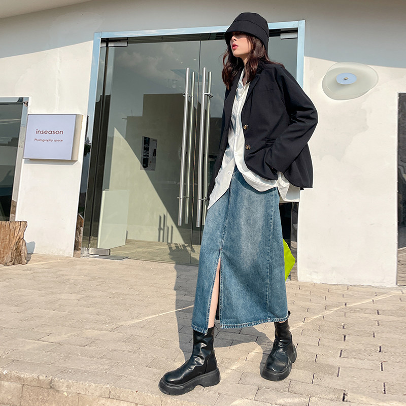 复古做旧开叉牛仔女四季百搭半身裙 拿黛半身裙