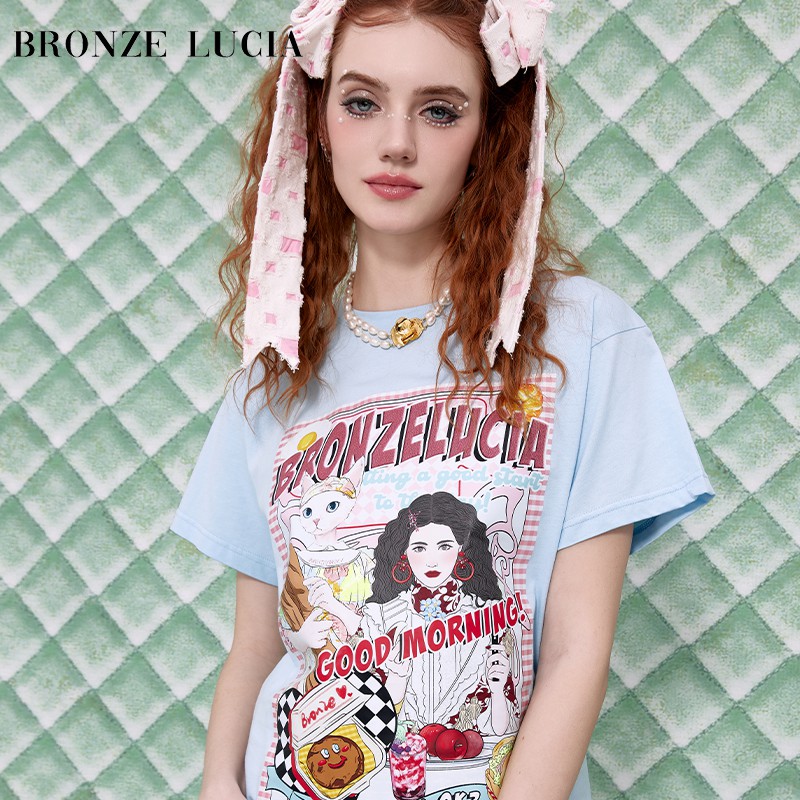 BronzeLucia早餐少女t恤24新款短袖小众潮牌纯棉休闲半袖手绘印花-图2