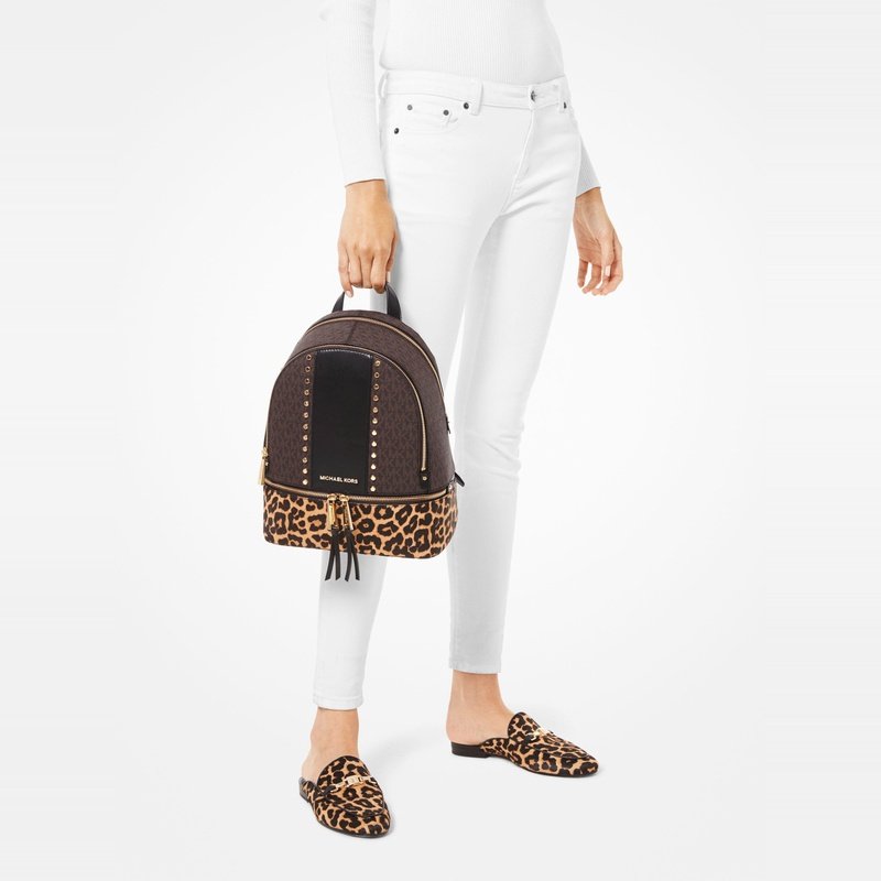 mk rhea zip中号老花豹纹双肩包 MICHAEL KORS双肩背包