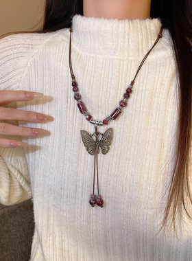 那片海新中式蝴蝶陶瓷吊坠项链女