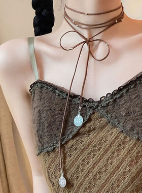 波西米亚银珠钱币圆牌吊坠项链女多层长款麂皮绳毛衣链choker颈链