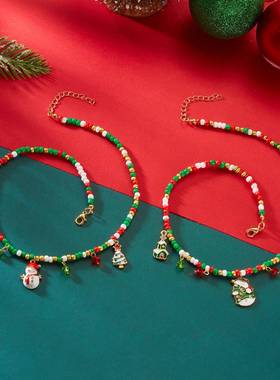 欧美跨境新款圣诞系列项链卡通创意圣诞老人礼物吊坠米珠串珠项链