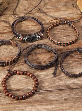 欧美热销复古风生命树手工皮质编织手绳套装厂家直销男士皮革手链