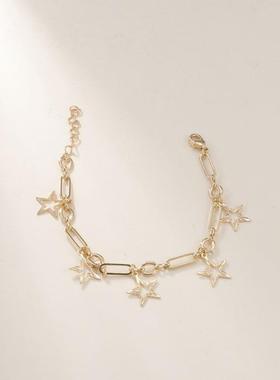 欧美跨境饰品叠戴个性街拍星星手饰夸张螺纹链条铜手链套装女