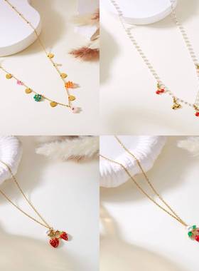欧美跨境度假项链套装滴油草莓樱桃花朵不锈钢项链仿珍珠水晶项链