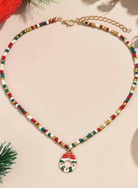 欧美圣诞节饰品手工彩色串珠圣诞老人花环圣诞树项链圣诞节日配饰